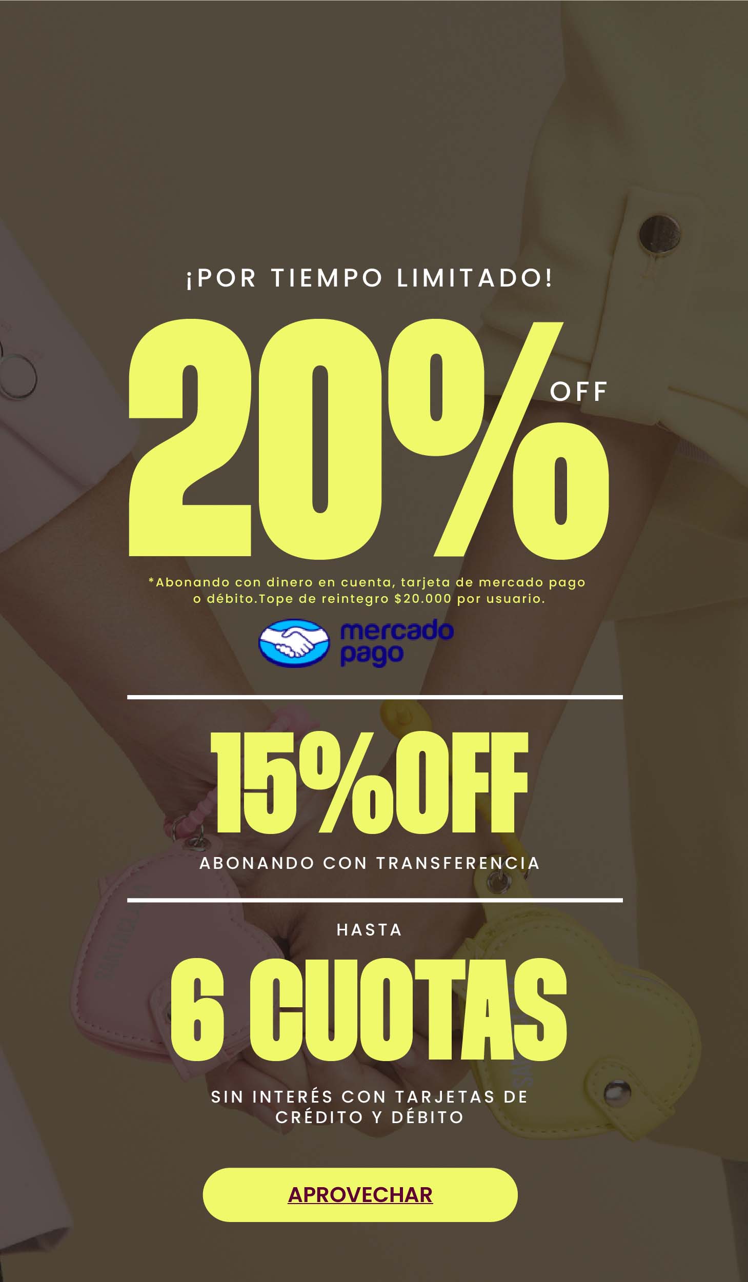 20% OFF de descuento abonando con Mercado pago. Carteras y mochilas Crueltry Free