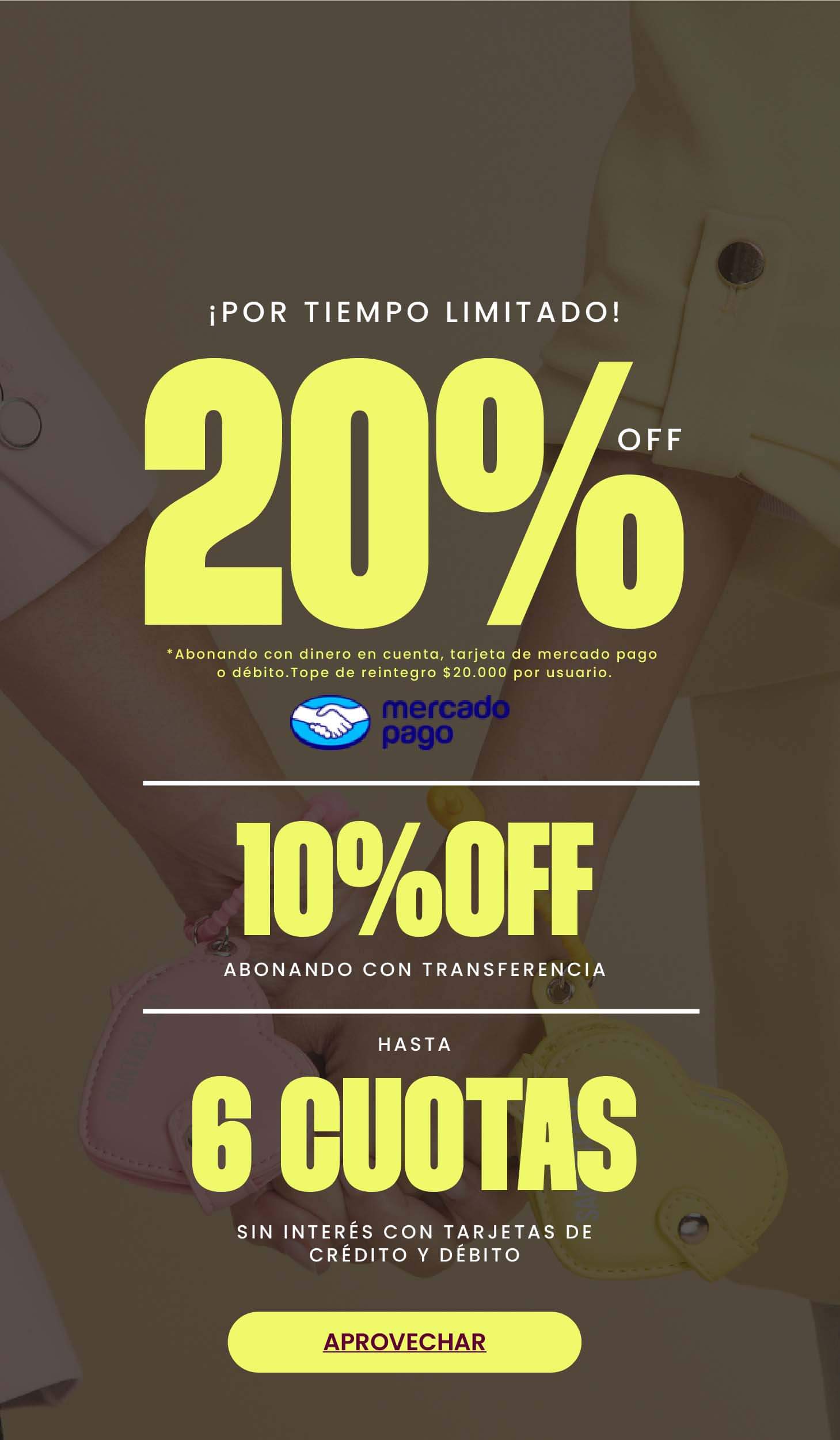 20% OFF de descuento abonando con Mercado pago. Carteras y mochilas Crueltry Free
